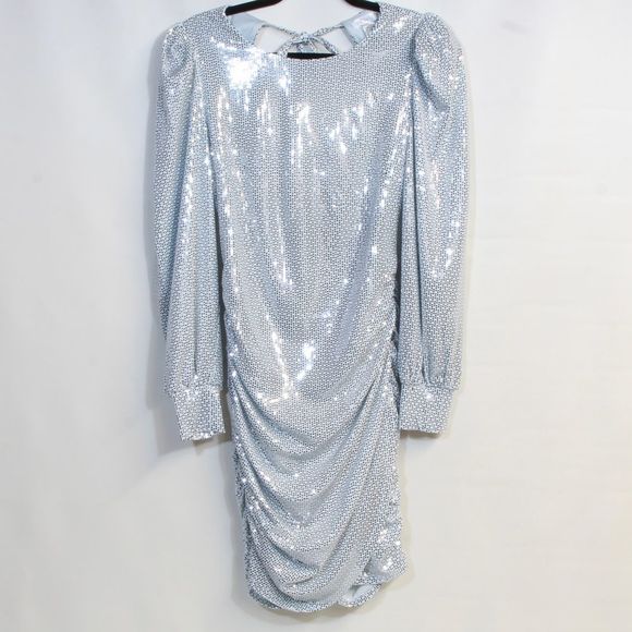 Venus Open-Back Long Sleeve Metallic Silver Shimmer Mini Dress Size Small NWOT - Picture 1 of 7